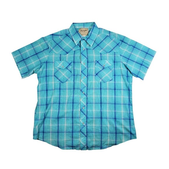Wrangler Western Shirt Mens XL Teal Blue Plaid Pearl Snap Short Sleeve - Picture 2 of 5